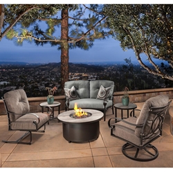 OW Lee Pasadera Crescent Love Seat with Lounge Chairs and Fire Table