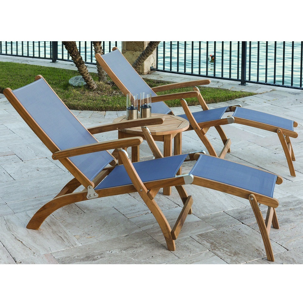 Royal Teak Folding Sling Steamer Lounge Set for 2 with Side Table - RT-STEAMER-SET2