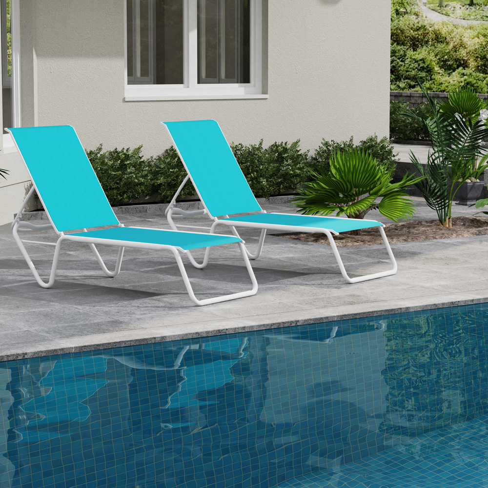 Telescope Casual Set of 2 Gardenella Armless Stacking Chaises in White and Aqua Sling Fabric