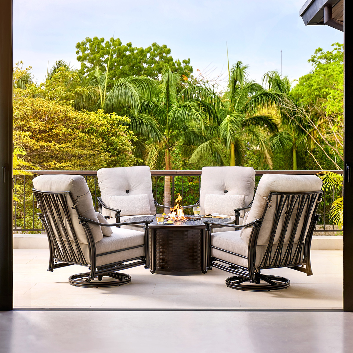 Castelle Coco Fire Pit Patio Set with Swivel Rocker Chairs