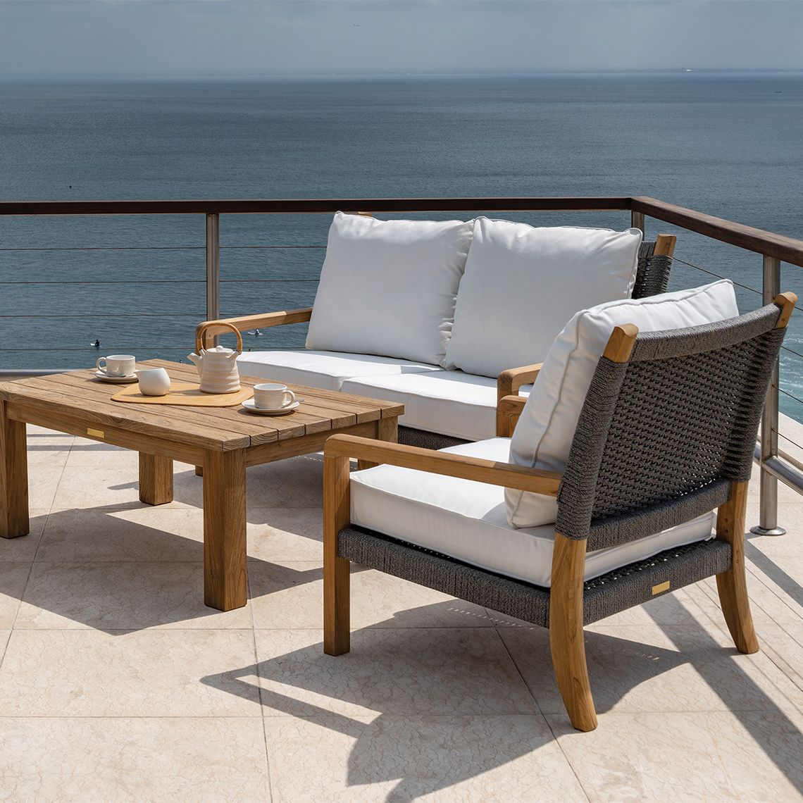 Hudson Settee and Lounge Chair Deep Seating Teak Patio Set