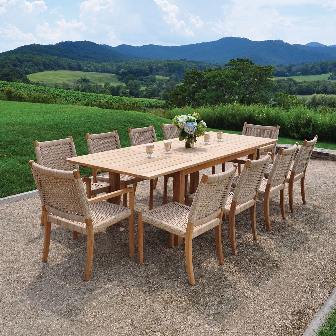 Hyannis 70-102" Rectangle Teak Extension Dining Table with Fold-Away Leaves set