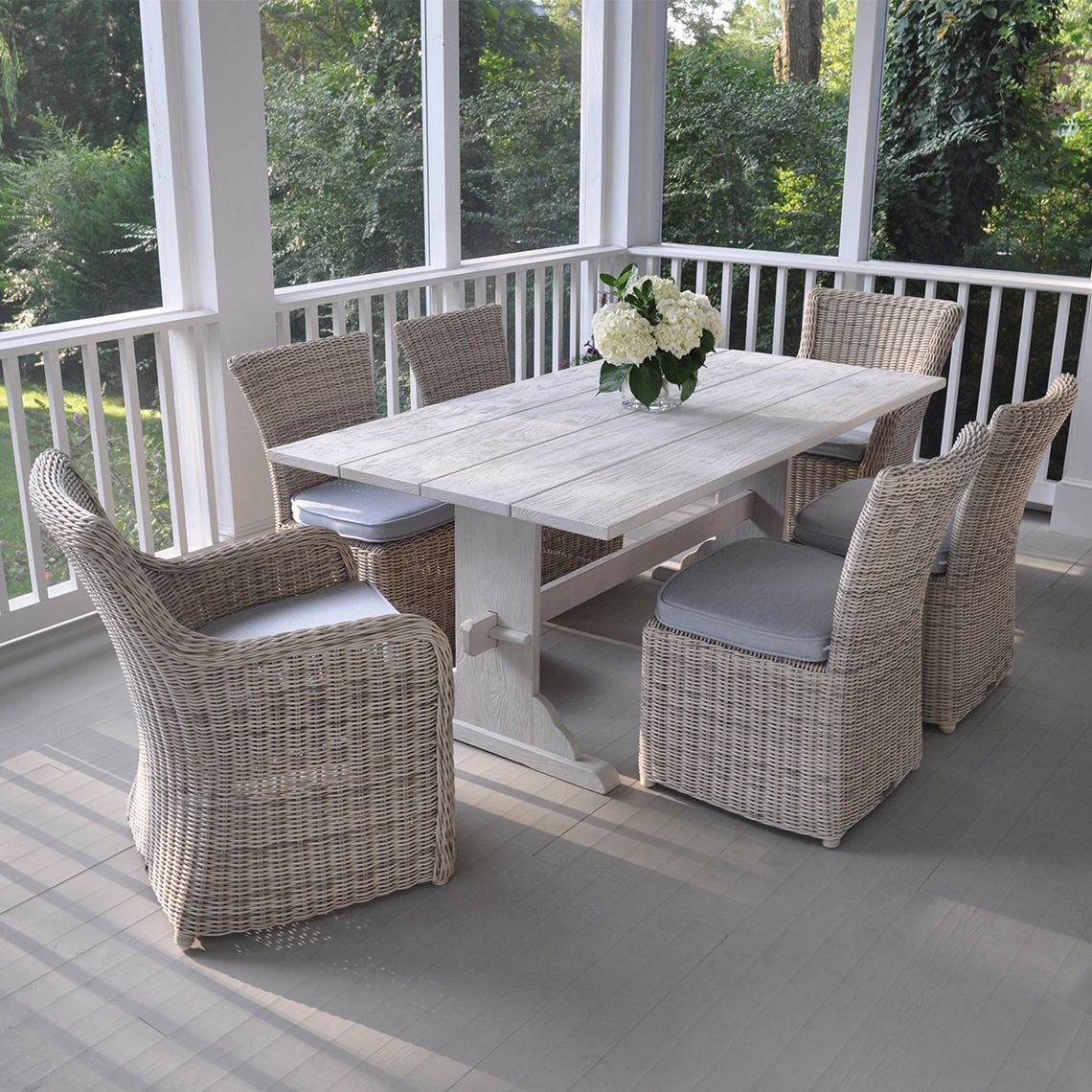 Sag Harbor Wicker Dining Set with Teak Trestle Table