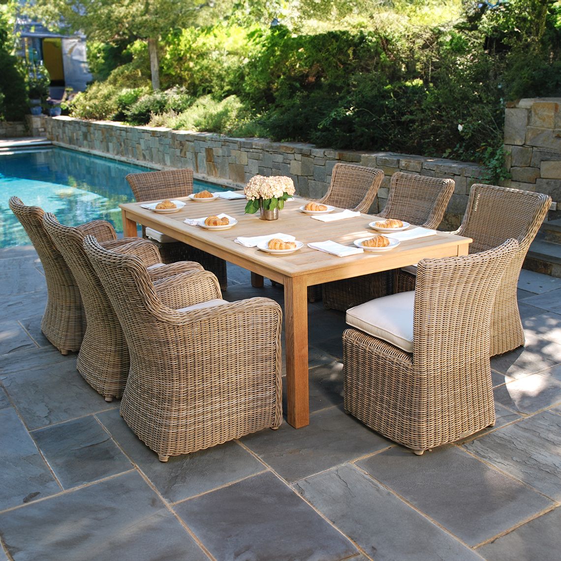 Sag Harbor Wicker Dining Set with Teak Table for 8