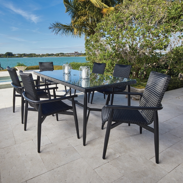 Lloyd Flanders wicker dining table with glass top