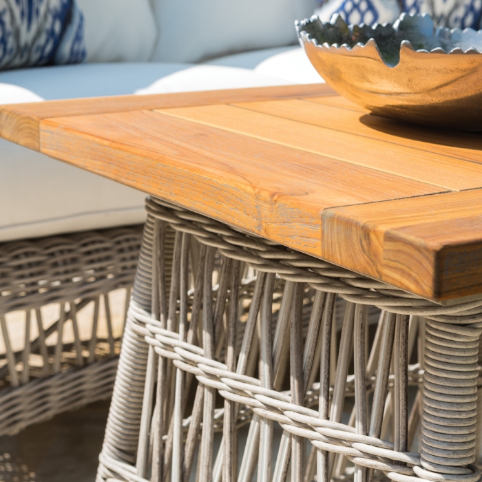Mackinac Woven Vinyl Wicker Dining Table with Teak Top - 273048