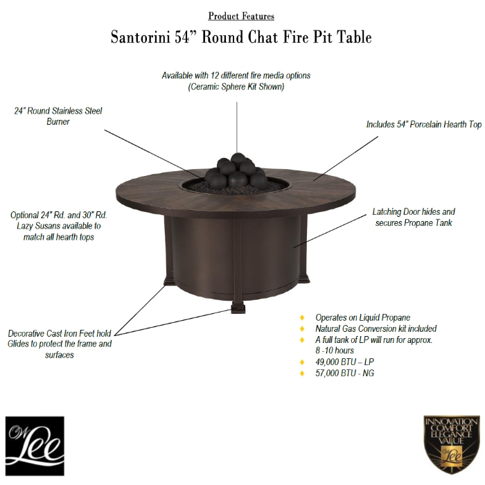 Santorini 54inch round Chat Fire Pit Features