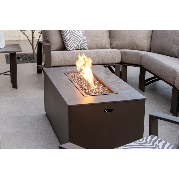 Moda 25" x 65" Aluminum Occasional Height Fire Pit with Dekton Top lifestyle