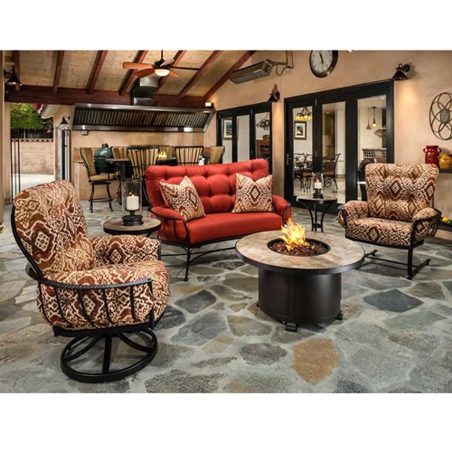 OW Lee Monterra Crescent Loveseat with Lounge Chairs and Fire Table Set