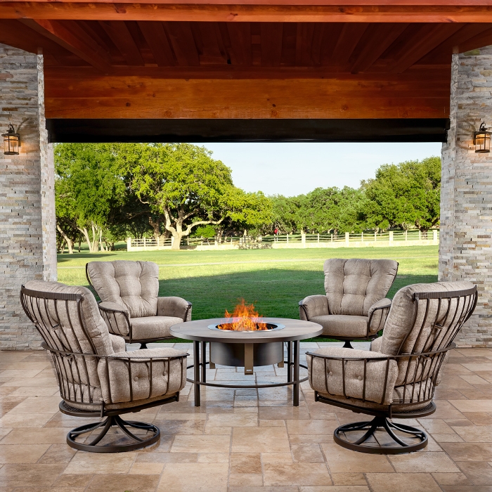 OW Lee Monterra Swivel Rocker Lounge Chair Set with Compass Breeo Fire Table - OW-MONTERRA-SET19