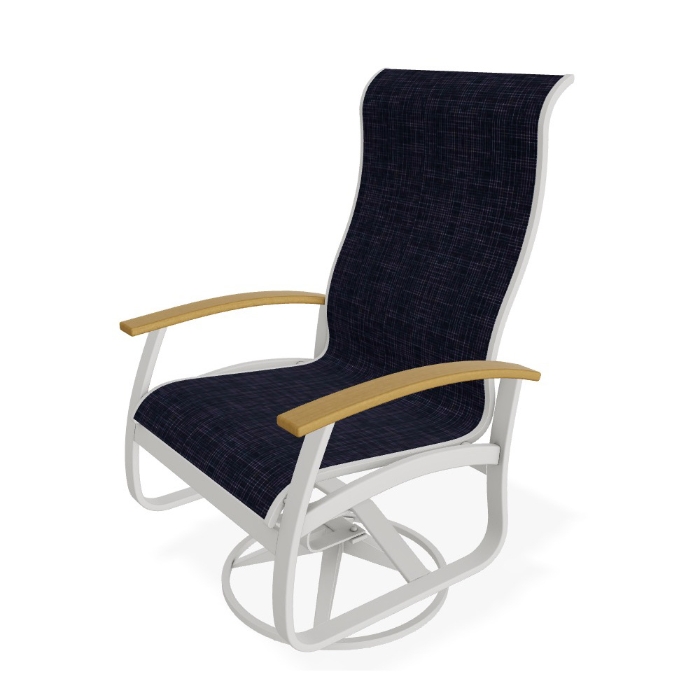 Telescope Casual Belle Isle Supreme Swivel Rocker in Snow, Rustic Teak, and Moments Navy Sling
