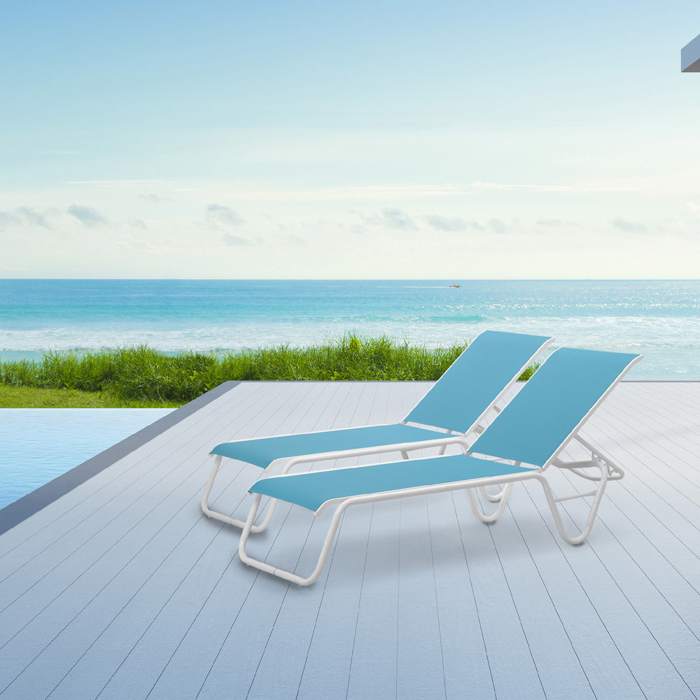 Quick Ship Set of 2 Gardenella Armless Stacking Chaises in Textured White and Aqua Sling Fabric - TC-QS-SET15