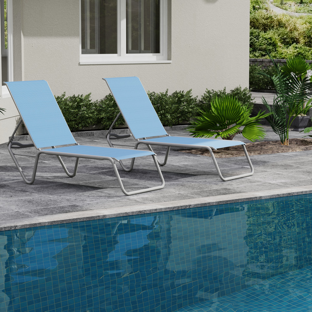 Telescope Casual Set of 2 Gardenella Armless Stacking Chaises in Warm Grey and Sky Sling Fabric