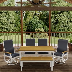 Telescope Casual Belle Isle Dining Set with Bench in Snow, Rustic Teak, and Moments Navy Sling - In Stock