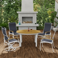 Telescope Casual Belle Isle Round Dining Set in Snow, Rustic Teak, and Moments Navy Sling - In Stock