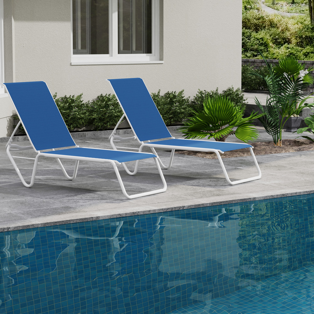 Telescope Casual Set of 2 Gardenella Armless Stacking Chaises in White and Cobalt Sling Fabric