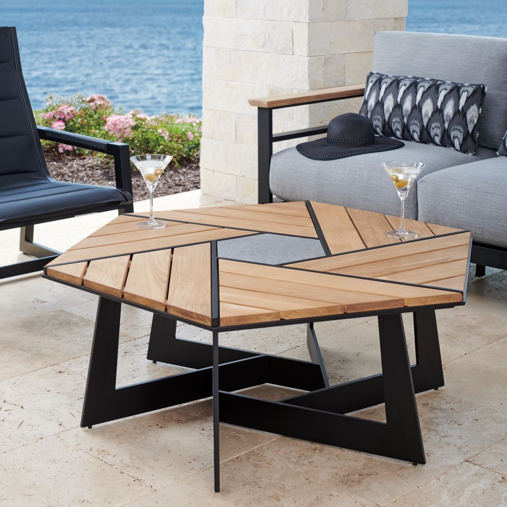 South beach aluminum cocktail table with teak top