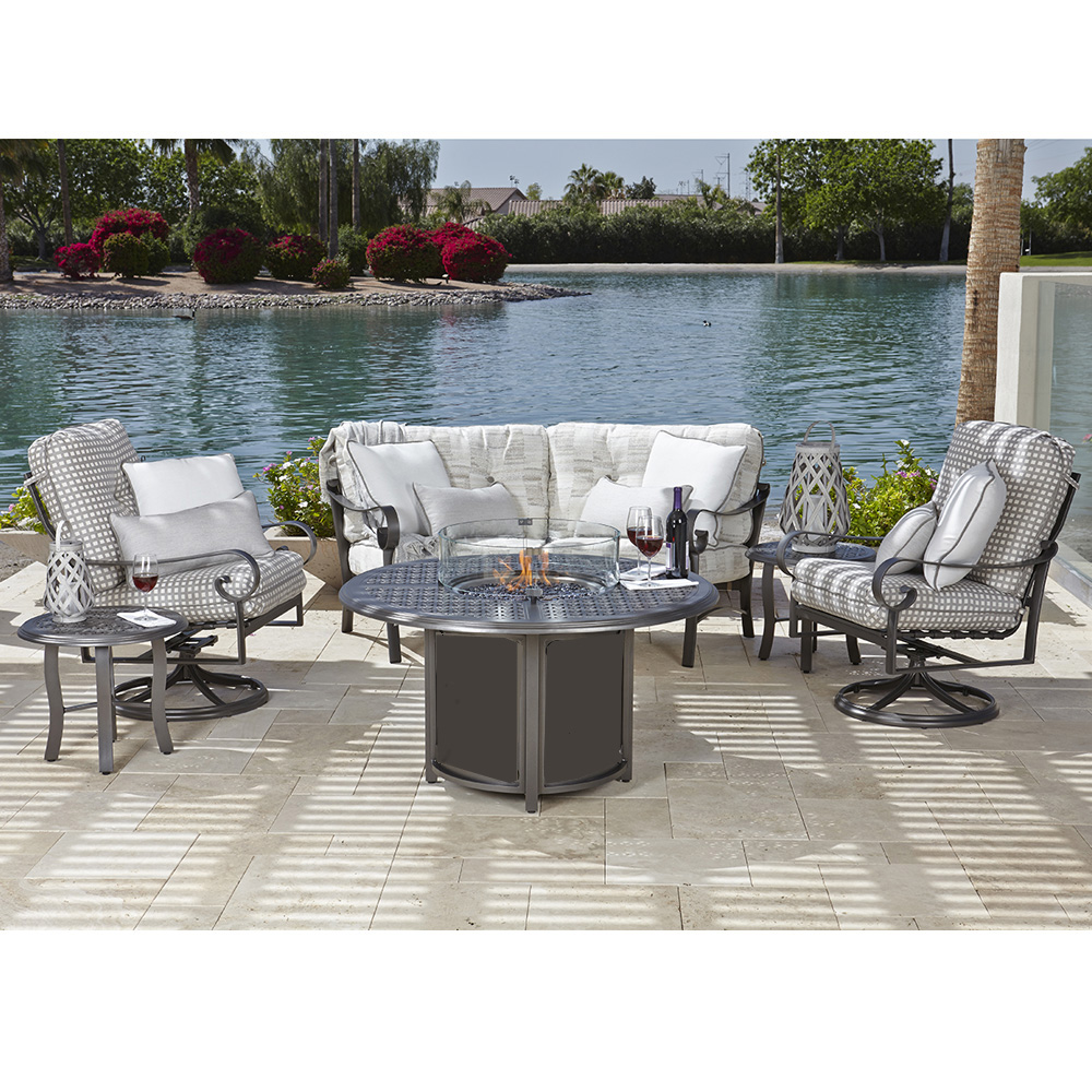 Woodard Belden Fire Table Set with Crescent Loveseat and Swivel Rocker Chairs - WD-BELDEN-SET1