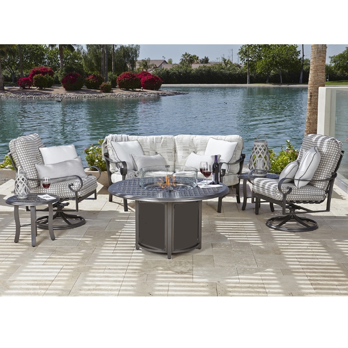 Woodard Belden Fire Table Set with Crescent Loveseat and Swivel Rocker Chairs - WD-BELDEN-SET1