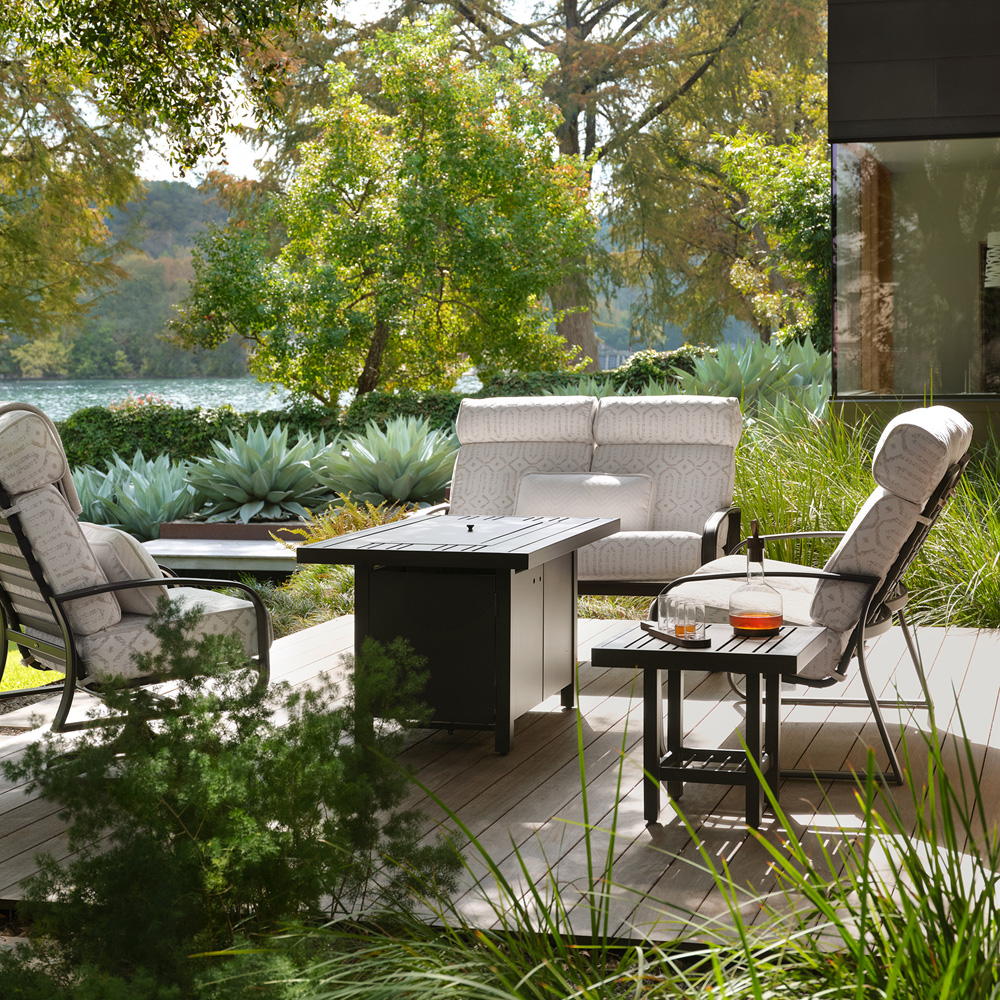 Woodard Cayman Isle Patio Set with Tri-Slat Fire Table - WD-CAYMANISLE-SET6