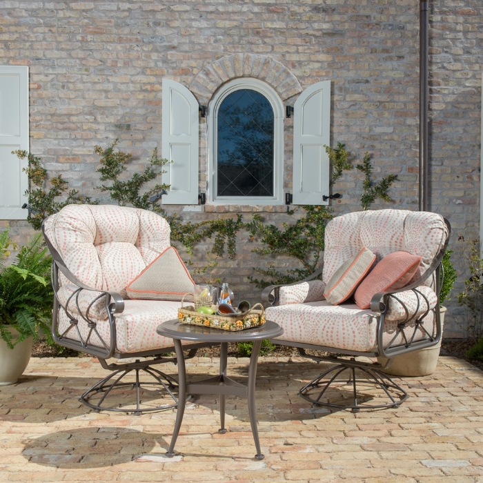 Woodard Derby Wrought Iron Swivel Rocker Lounge Chairs and Side Table Set - WD-DERBY-SET4