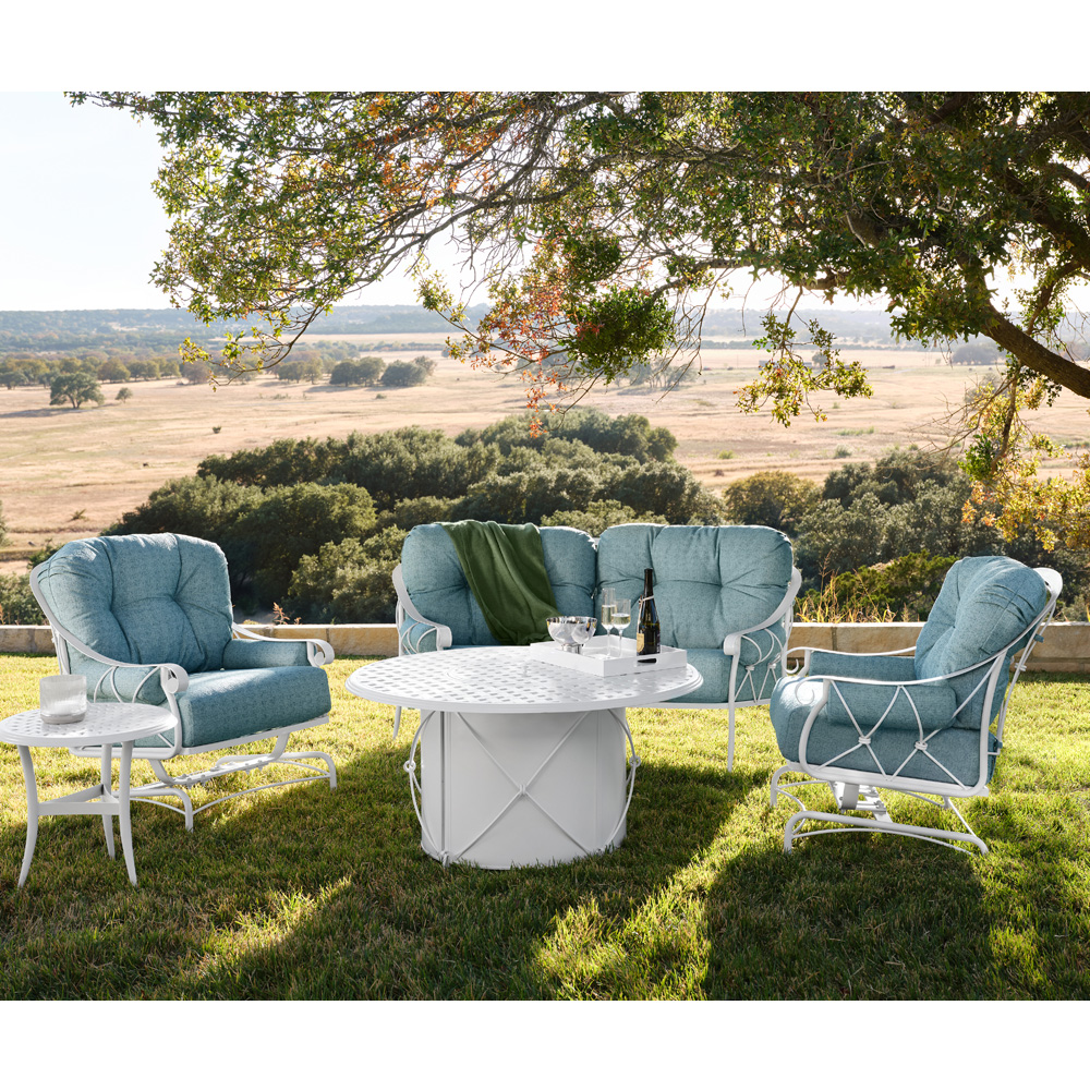 Woodard Derby Wrought Iron Outdoor Furniture Set with Fire Table - WD-DERBY-SET5