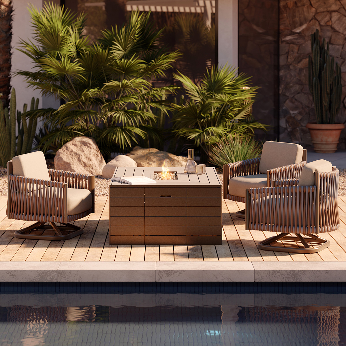 Woodard Eve Modern Outdoor Swivel Lounge Chair Set with Fire Table - WD-EVE-SET2