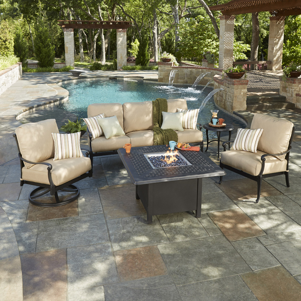 Woodard Wiltshire Patio Sofa Fire Table Set - WD-WILTSHIRE-SET4